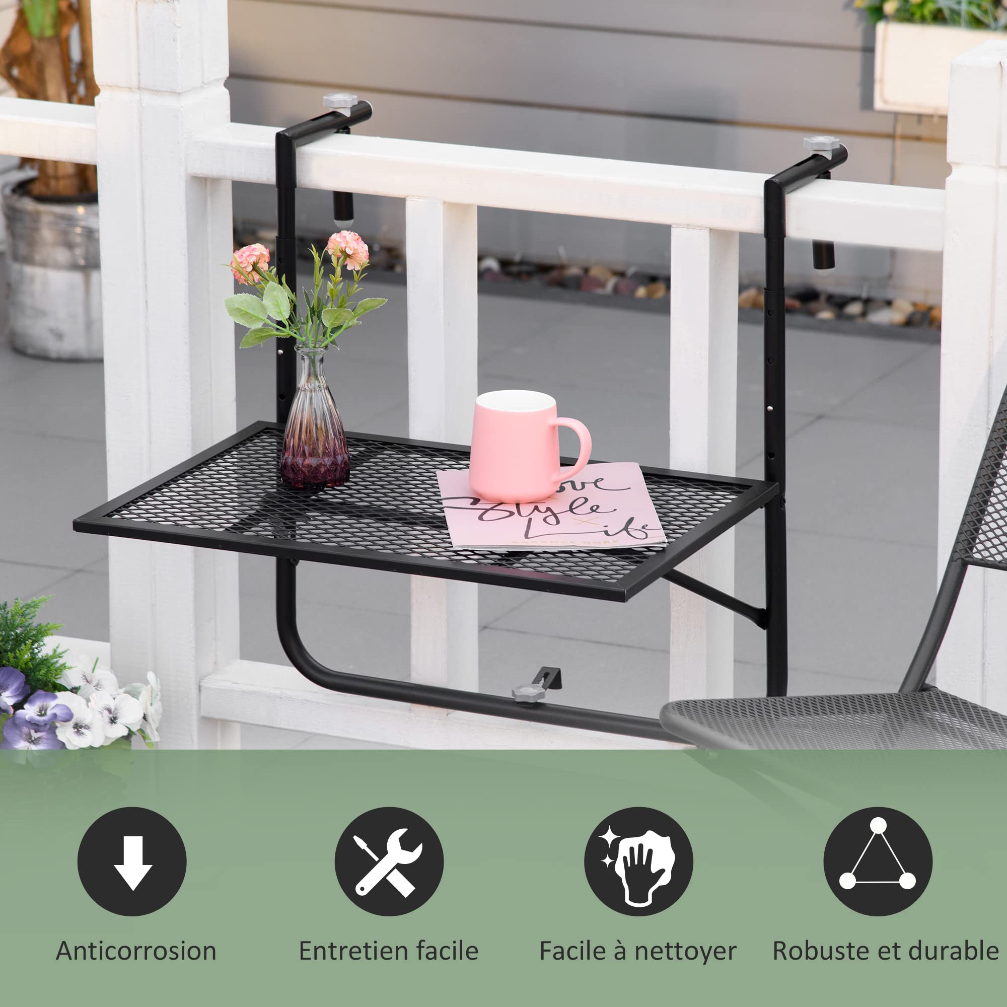 Outsunny Table de Balcon Suspendue Pliable Hauteur réglable 60x60x57-72 cm Noir