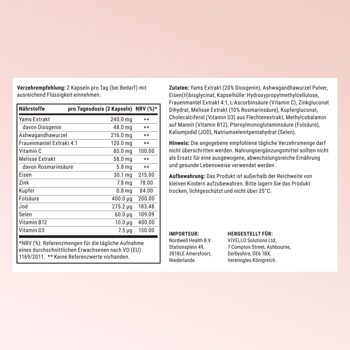 Wechseljahre Kapseln hochdosiert – Yamswurzel Ashwagandha – vegan | Mit Yamswurzel, Ashwagandha, Frauenmantel & Melisse – Vitamin B12, D3, Zink, Folsäure & Eisen – vegan GMO-frei – 60 Kapseln