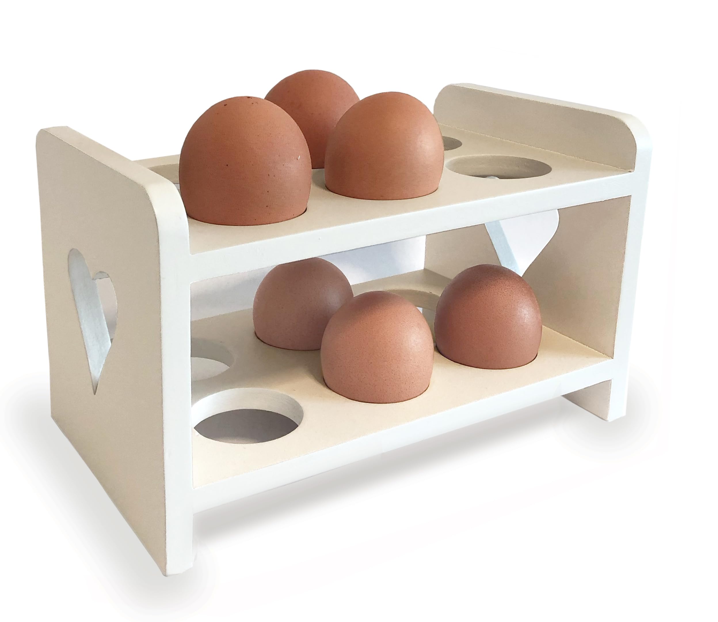 GreyZouq Vintage Wooden Egg Rack Storage with 2-Layer and Pretty Cut Out Heart Design, Country Kitchen Style, Scandinavian Inspired, Holds 12 Eggs, Rustic Food storage. (Cream)