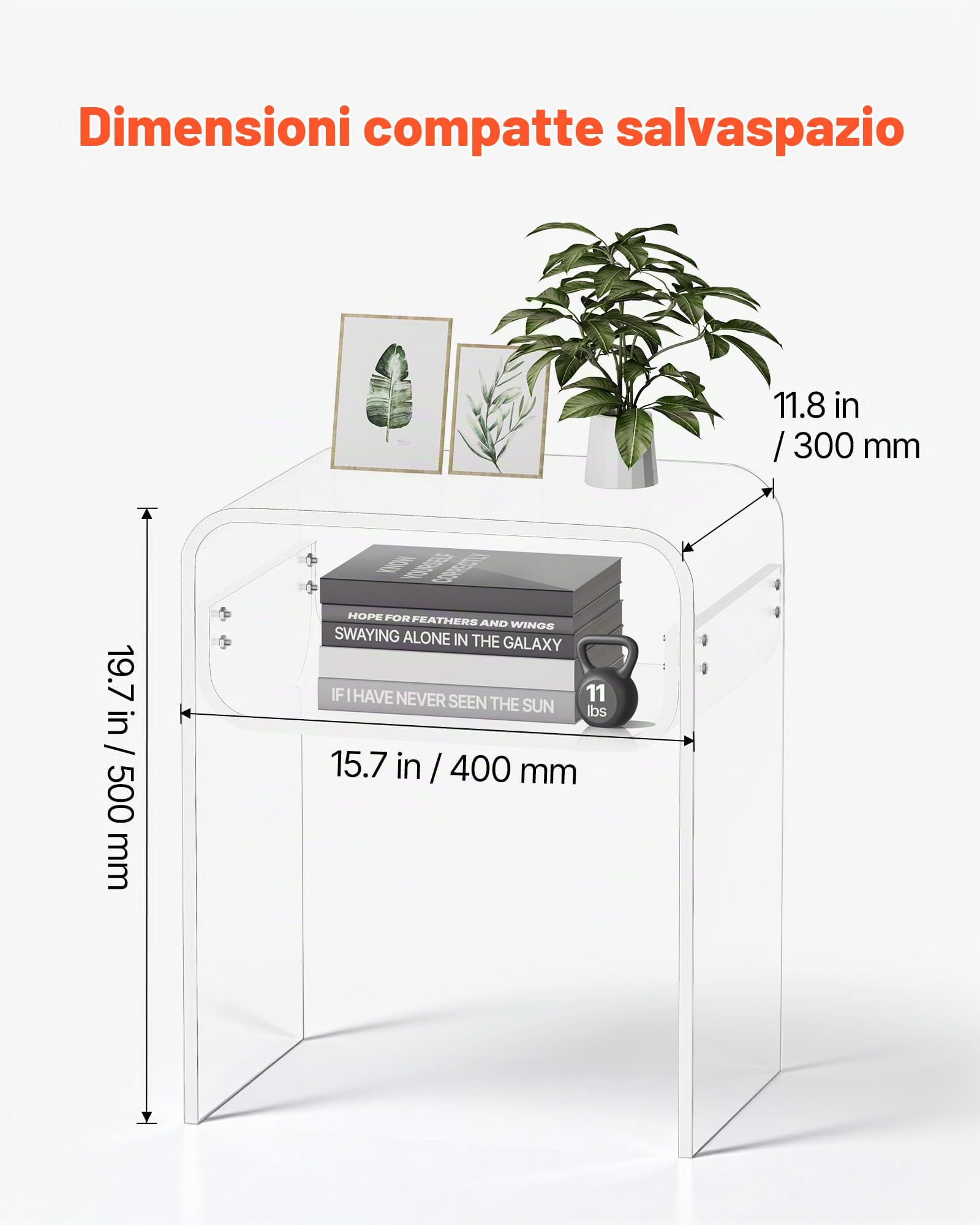 VEVOR Tavolino in Acrilico, Comodino Trasparente a 2 Livelli con Ripiano, Rettangolare Moderno in Acrilico, Comodino Spesso per Camera da Letto, Soggiorno, Studio, 30 x 40 x 50 cm