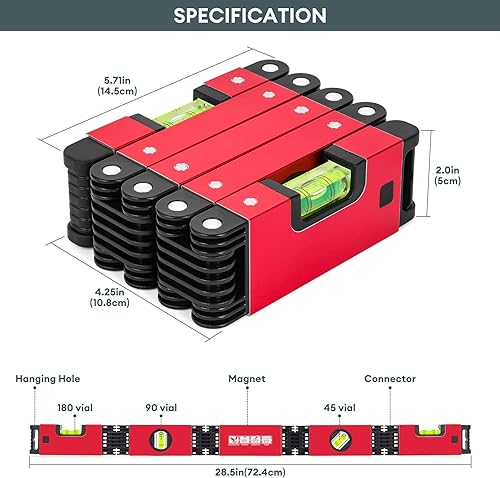 Miniatura 2 de SLIIMU Nivel plegable, regla de nivel plegable multifunción de 28 pulgadas, herramienta de medición de nivelación precisa multiángulo expandible
