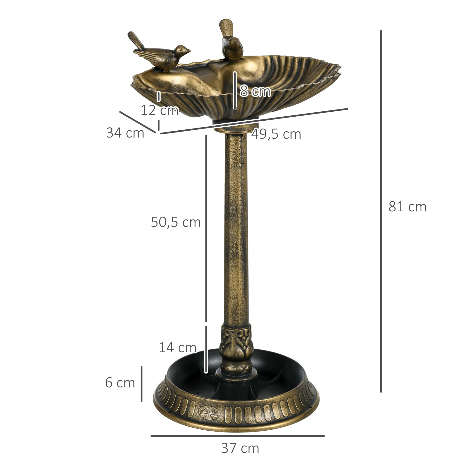 Outsunny Baño para Pájaros de Jardín al Aire Libre, Altura 81 cm, Comedero para Pájaros con Base de Pedestal, Diseño de Concha y Acabado Envejecido, Ligero y Resistente, Bebedero para Aves, Bronce
