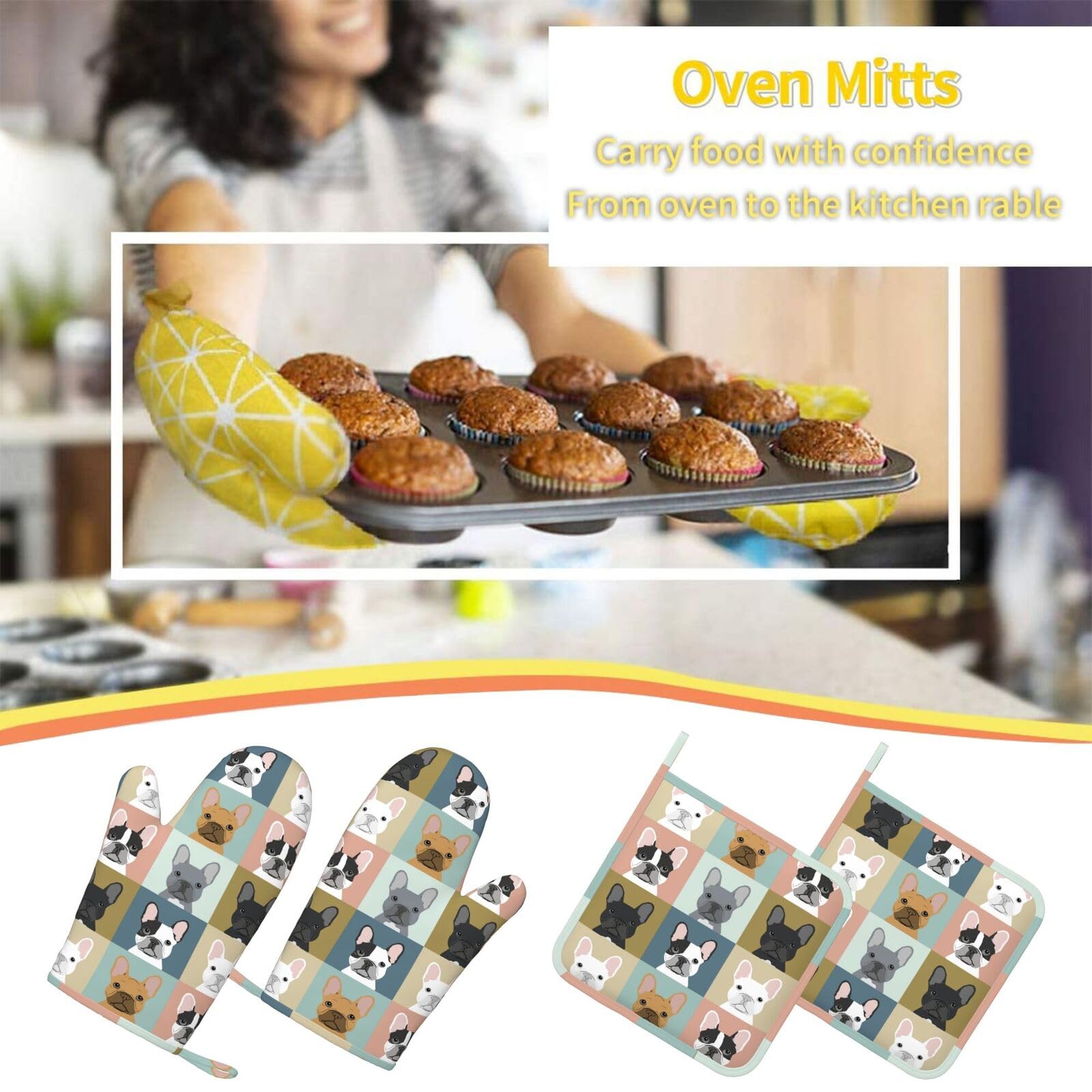 Fun Dog - Juego de guantes de horno y soportes para ollas, 4 manoplas de silicona antideslizantes para cocina, resistentes al calor, almohadillas calientes para cocinar, asar, hornear, microondas,