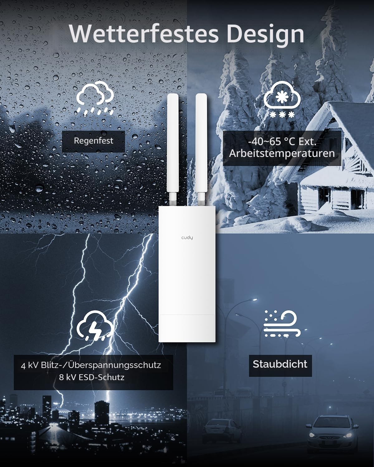Cudy AC1200 WLAN-Repeater, IP65, PoE, Mesh, OpenWrt, RE1200 Outdoor | OpenWrt-kompatibel, 867+300 Mbit/s WiFi 5, 24-V-PoE-Adapter, 2 abnehmbare Antennen, 30 Geräte, professionelle Qualität