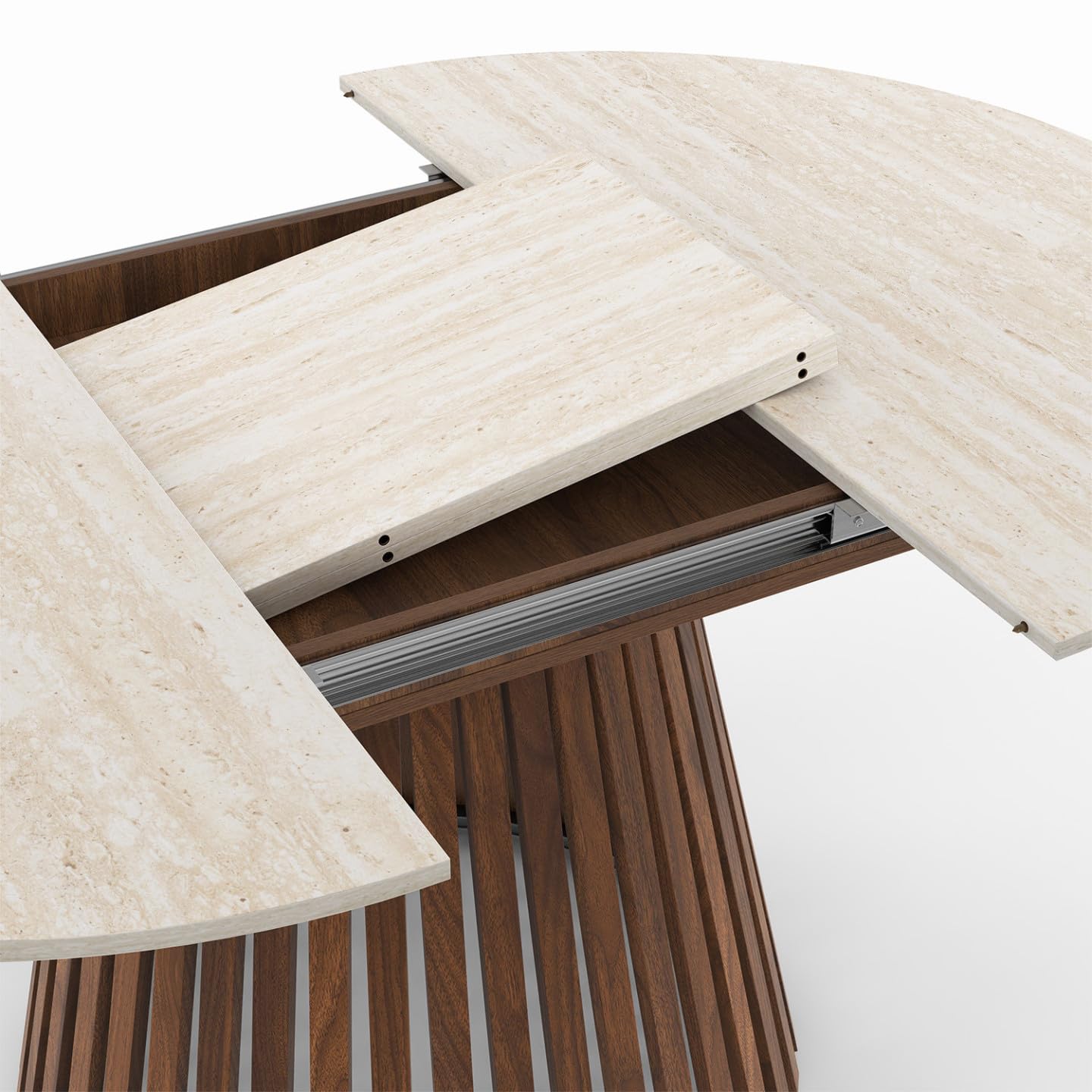 IDMarket - Esstisch, ausziehbar, rund, Carmen, 4-8 Personen, Fuß aus Nussbaum, Latten, Platte mit Travertin-Effekt, 110 – 150 cm