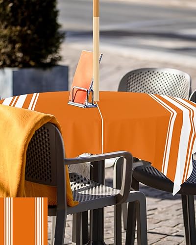 Miniatura 5 de Queenker Mantel de otoño para exteriores con agujero para paraguas, mesas cuadradas de rayas naranjas y blancas con cremallera, impermeable,
