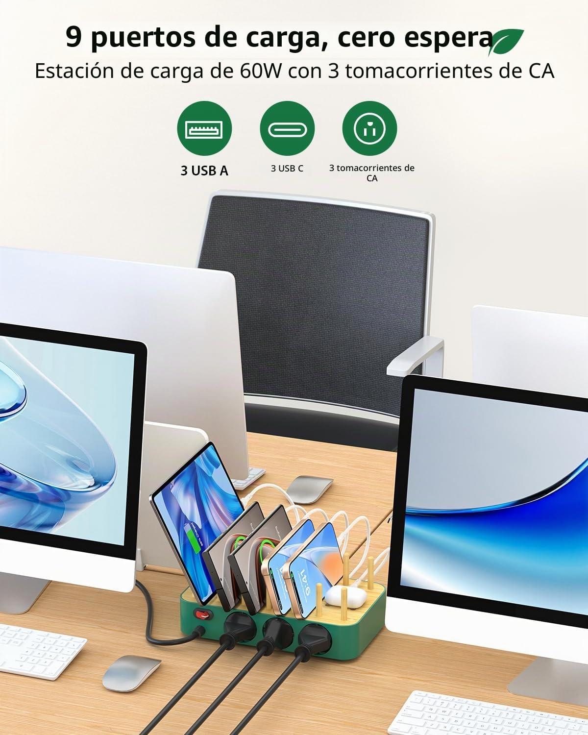Estación de Carga USB-C de bambú para múltiples Dispositivos,60W, 6 Puertos con 3 Salidas de CA (3 USB C, 3 USBA),Cable de alimentación de 2 m para teléfono, lPad y Tableta(6 Cables incluidos),Verde