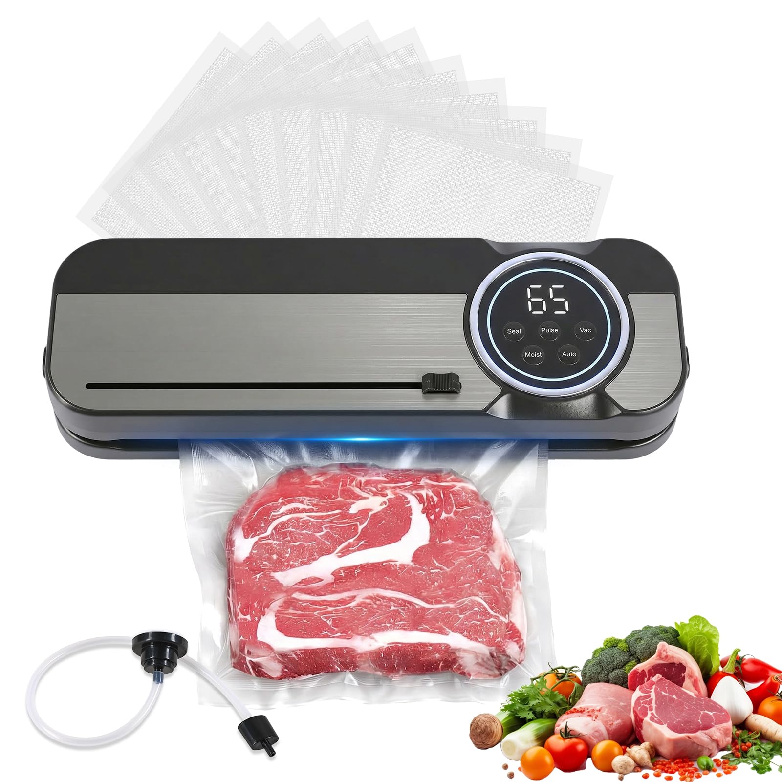 Carehabi Macchina Sottovuoto Alimenti, Sigillatrice 5-in-1 con Barra Saldante Extra Larga 6mm, Luce UV e Taglierina, 120W Professionale per Cibi Secchi e Umidi, Acciaio Inox, Include 10 Sacchet