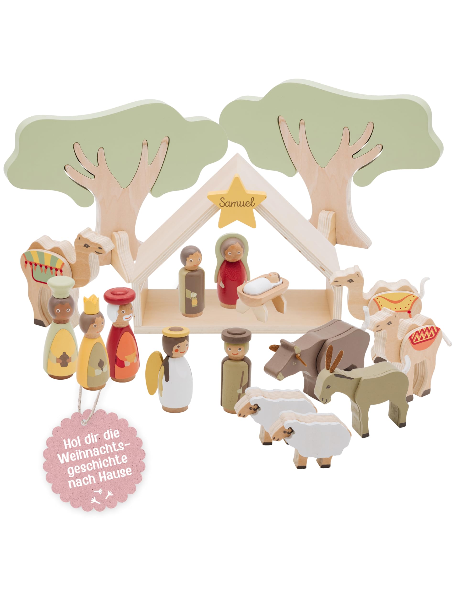 wunderwunsch Weihnachtskrippe Kinder personalisiert, Krippe Weihnachten, Krippenfiguren, Weihnachtsdeko Kind, Weihnachtskrippen Holz, Jungen und Mädchen