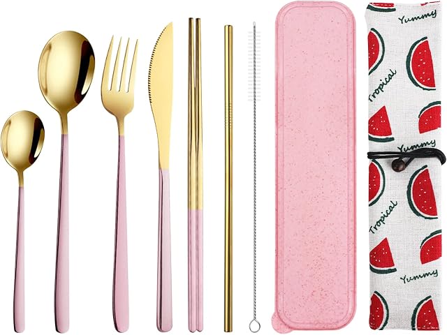 9 Ensemble d'ustensiles de voyage portatifs Pcs, ensemble plat réutilisable en acier inoxydable, ensemble de couverts avec pinceaux à fourche à couteau Kit d'étui pour le nettoyage des pailles pour le camping, pique-nique, bureau, école(Pink-Gold)