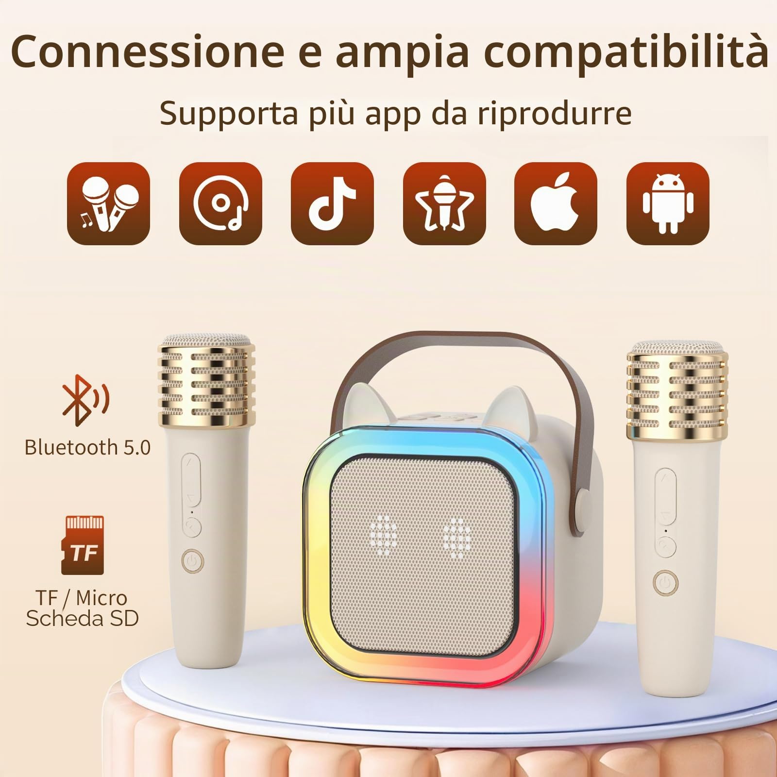 Cute Cat Ear Karaoke Machine per bambini adulti, sistema di karaoke portatile con luce LED lampeggiante, 2 microfoni wireless, supporto Bluetooth/TF/USB, altoparlante regalo per Natale