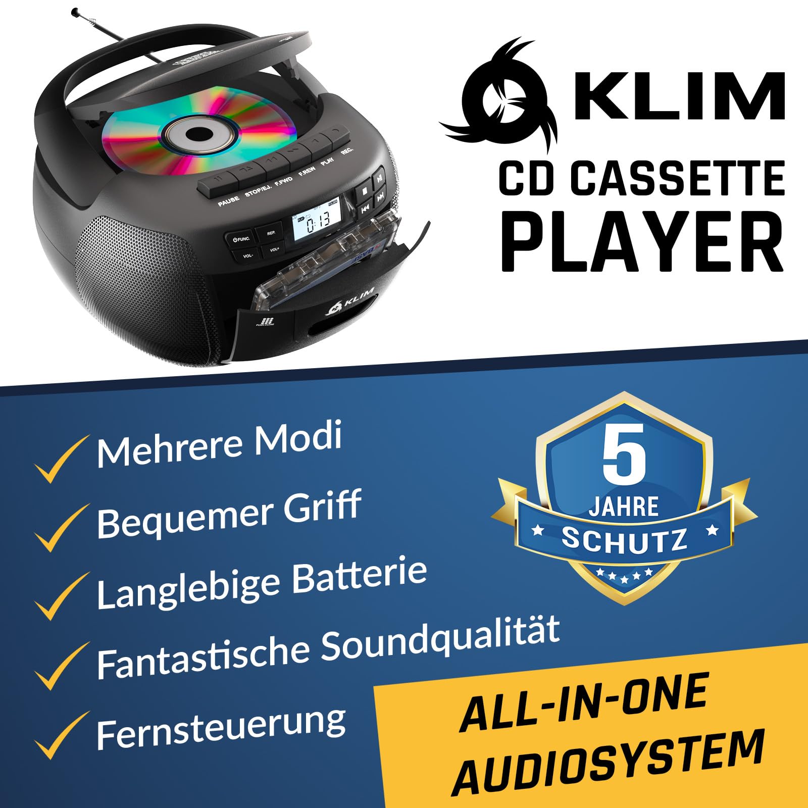 KLIM CD Player mit Kassette & Etui, Kassettenspieler, Kassettenrekorder, Bluetooth CD Player mit Radio & USB, AM/FM Radio, Netz- und Batteriebetrieb