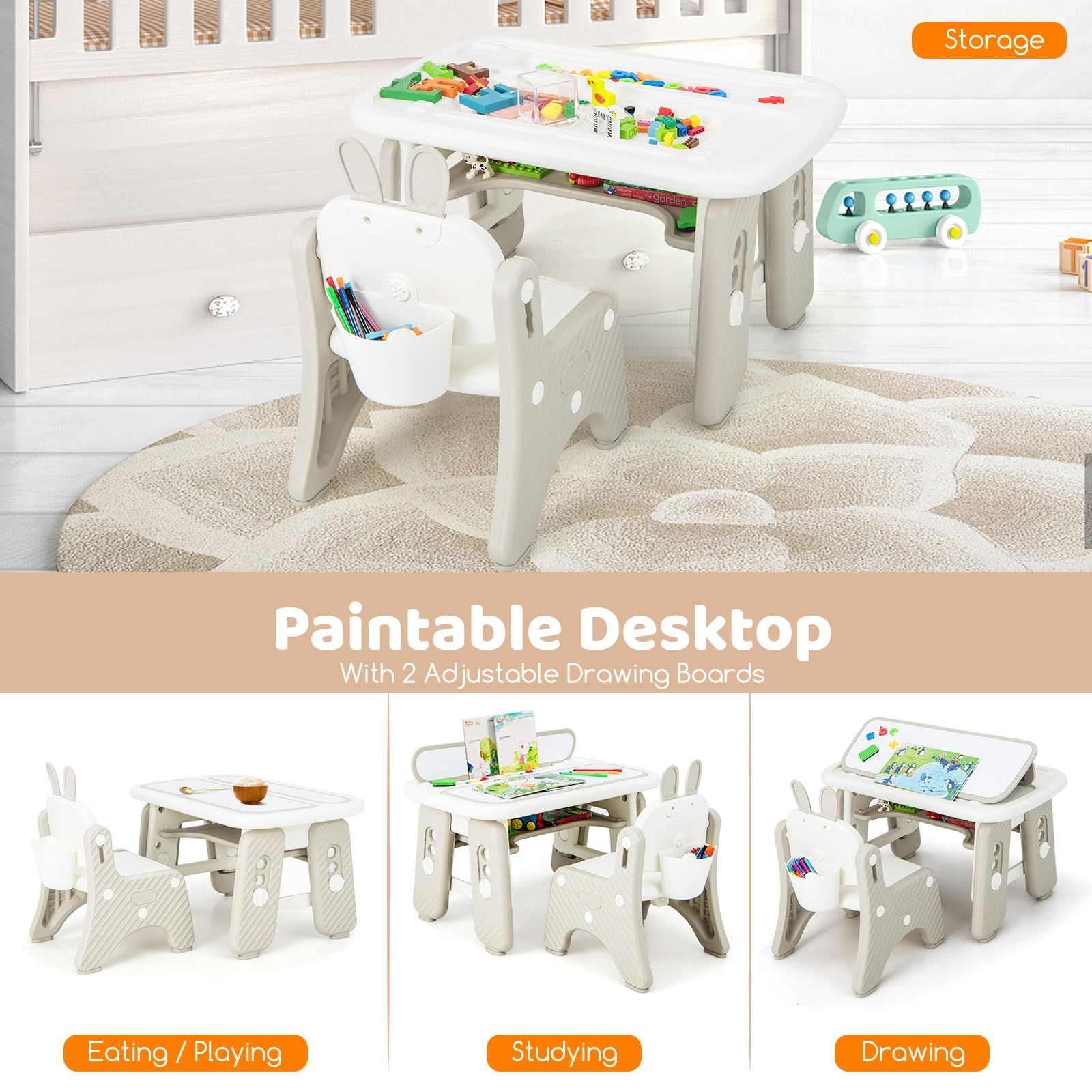 LIFEZEAL Tavolino e Sedia per Bambini 1-12 Anni, Plastica, con Accessori, Tavolo con Lavagna Magnetica, Porta Libri, Contenitore, Altezza Regolabile, Sedia Forma di Coniglio, Multiattivita, Cameretta