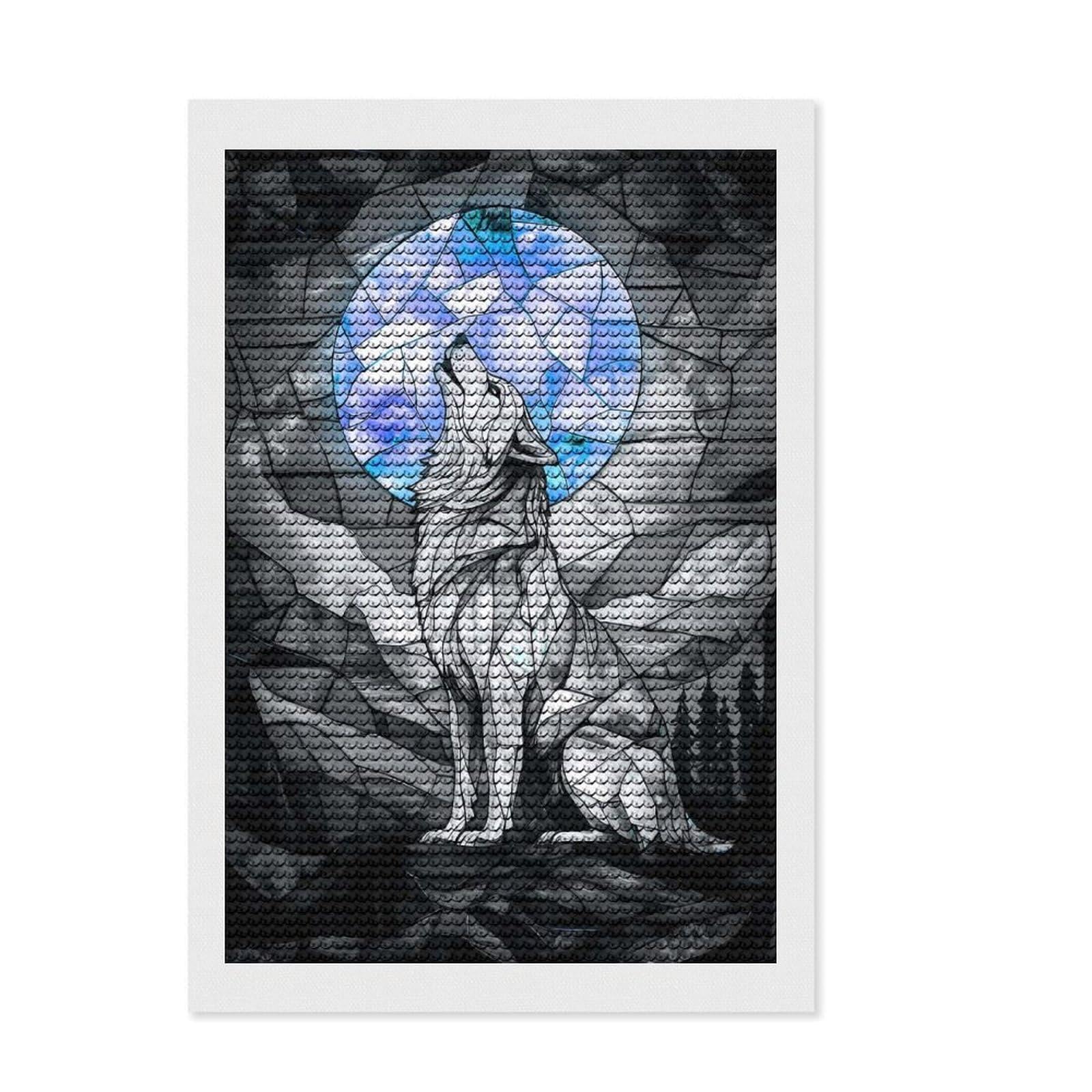 Junmoney Stained Glass Wolf DIY Diamond Art Canvas Kit 8"x12", Mindful Craft Activity, Calming Craft to Unwind, Vintage Style Decor