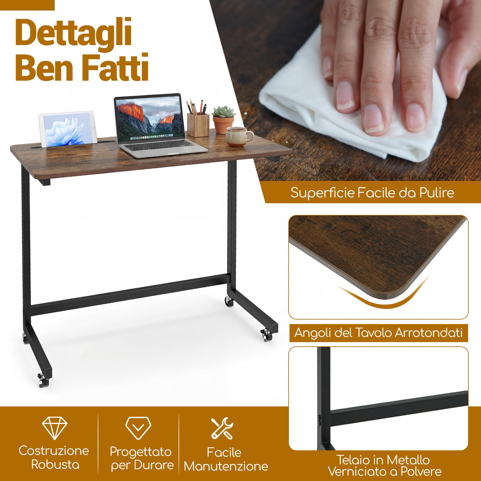 COSTWAY Tavolino da Divano e Letto, Tavolino Servitore con Ruote Bloccabili e Fessura per Tablet, Tavolo a Vassoio Salvaspazio con Struttura in Metallo per Mangiare, Lavorare e Studiare
