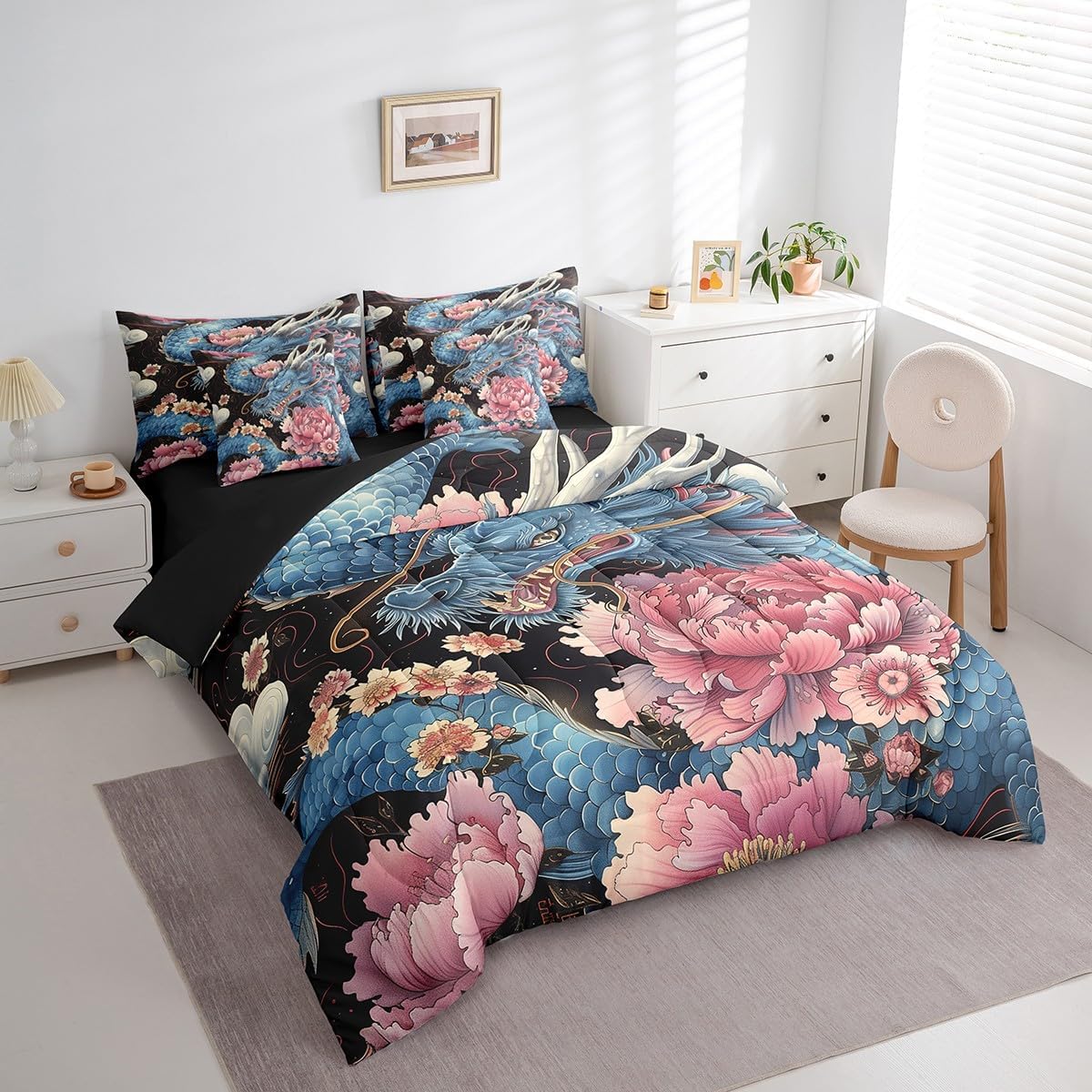 Feelyou 7Pcs Ancient Dragon Comforter Sets King Size, Retro Flower Decor Japanese Dragon Comforter Set Bed in a Bag(1 Comforter, 1 Flat Sheet 1 Fitted Sheet 2 Pillowcases and 2 Throw Pillow Covers)