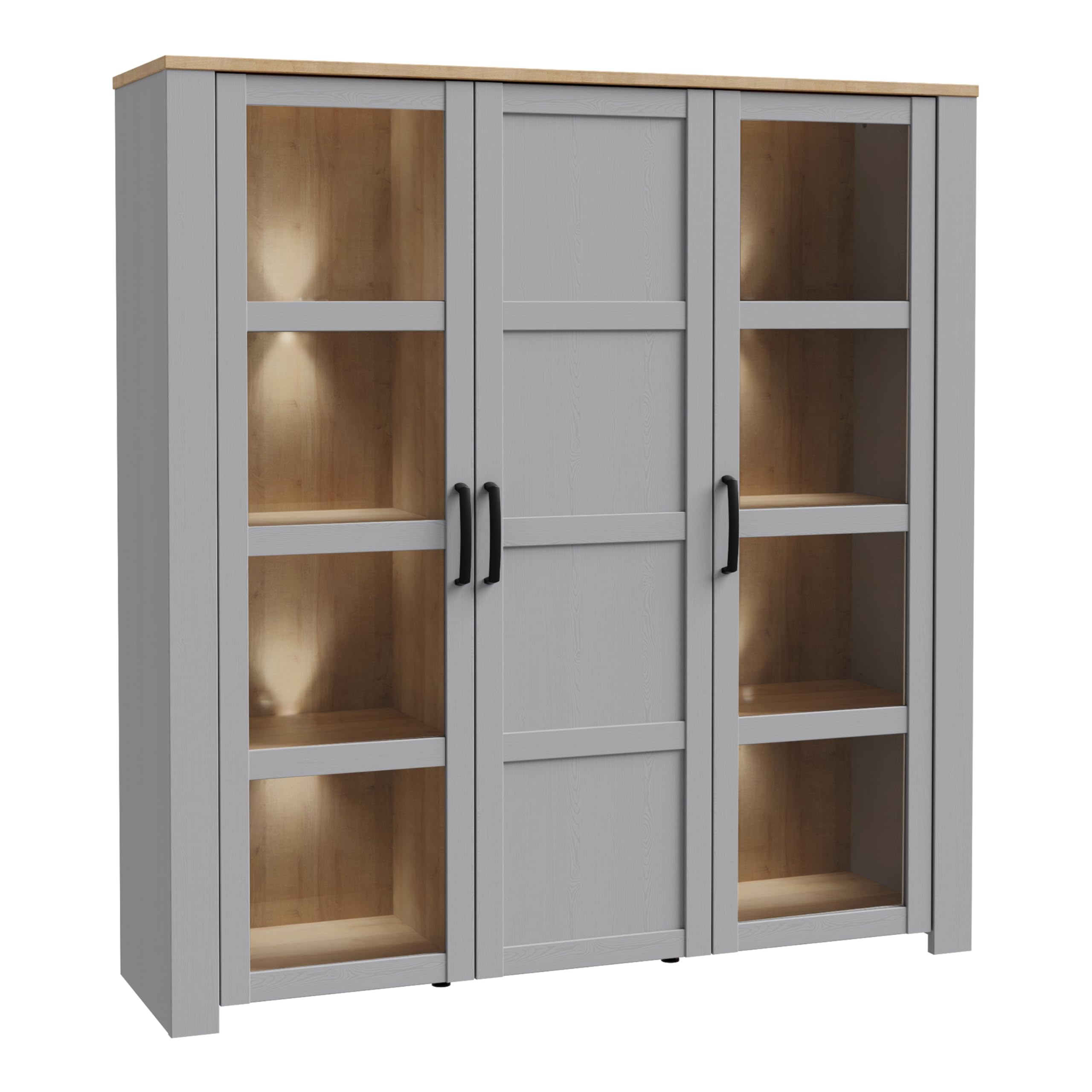 Furniture To Go | Bohol, Riviera Oak & Grey Oak, Display Cabinet inc. 4X LED Lights