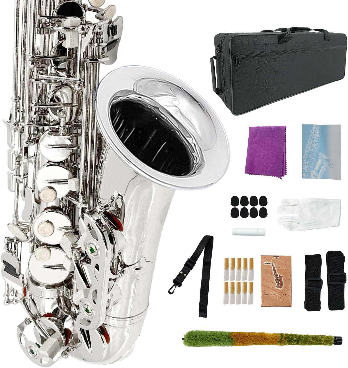 Student Eb Alto Saxophone E Flat for Beginners Sax Full Kit with Pads Cushions,Hard Carrying Case,Neck Strap,Reeds,Cleaning Cloth & Rod,Mouthpiece,Gloves