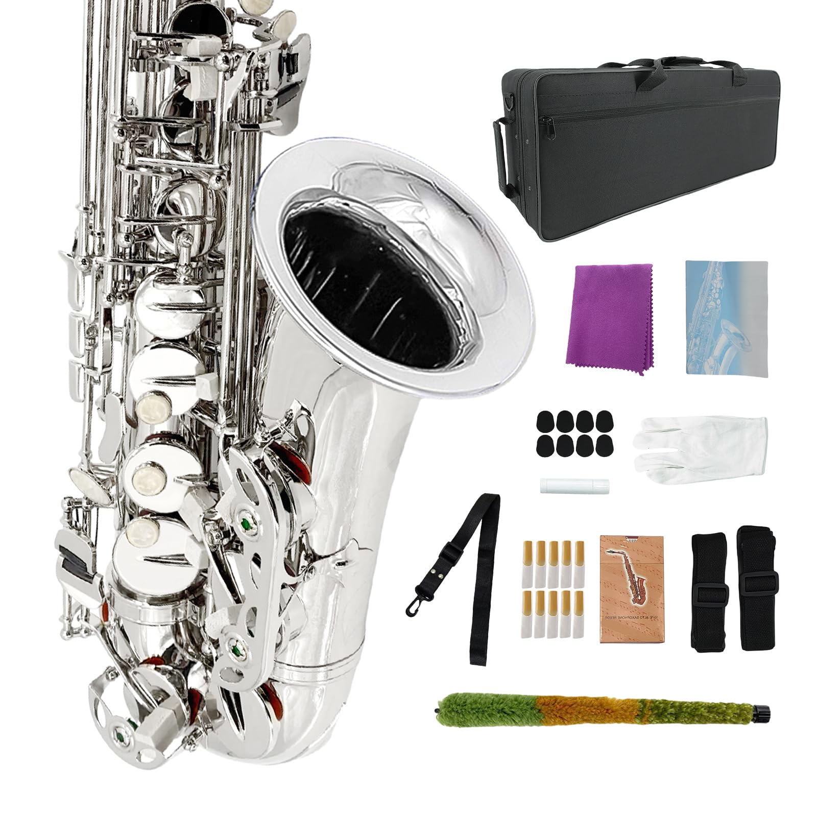 Student Eb Alto Saxophone E Flat for Beginners Sax Full Kit with Pads Cushions,Hard Carrying Case,Neck Strap,Reeds,Cleaning Cloth & Rod,Mouthpiece,Gloves