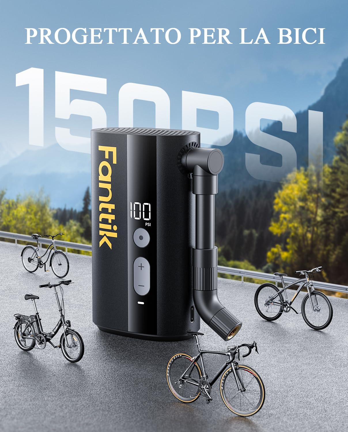 Fanttik X9 Ace Mini Pompa per Bici con Manometro 150PSI, Batteria da 5000mAh Pompa ad Aria Elettrica con Valvola Schrader e Presta per Bici da Strada, MTB, Bici elettrica, Bici da città