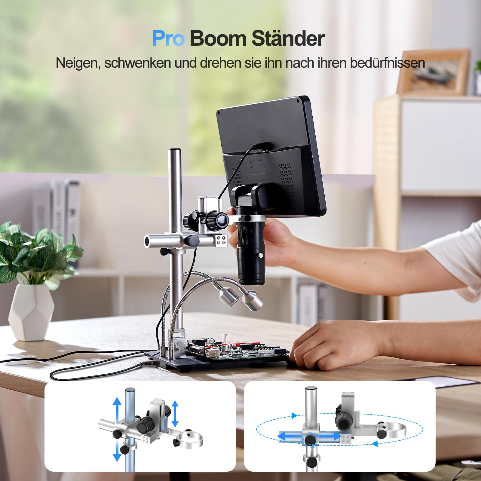 TOMLOV DM602 Pro 10,1 Zoll 3 Objektiv Digitales Mikroskop, 2K 24MP HDMI Lötmikroskop/Biologisches Microscope mit 144 Einstellbaren LED-Ring-Licht, 64GB Karte, 10" Stabiler Ständer, TV/PC Kompatibel