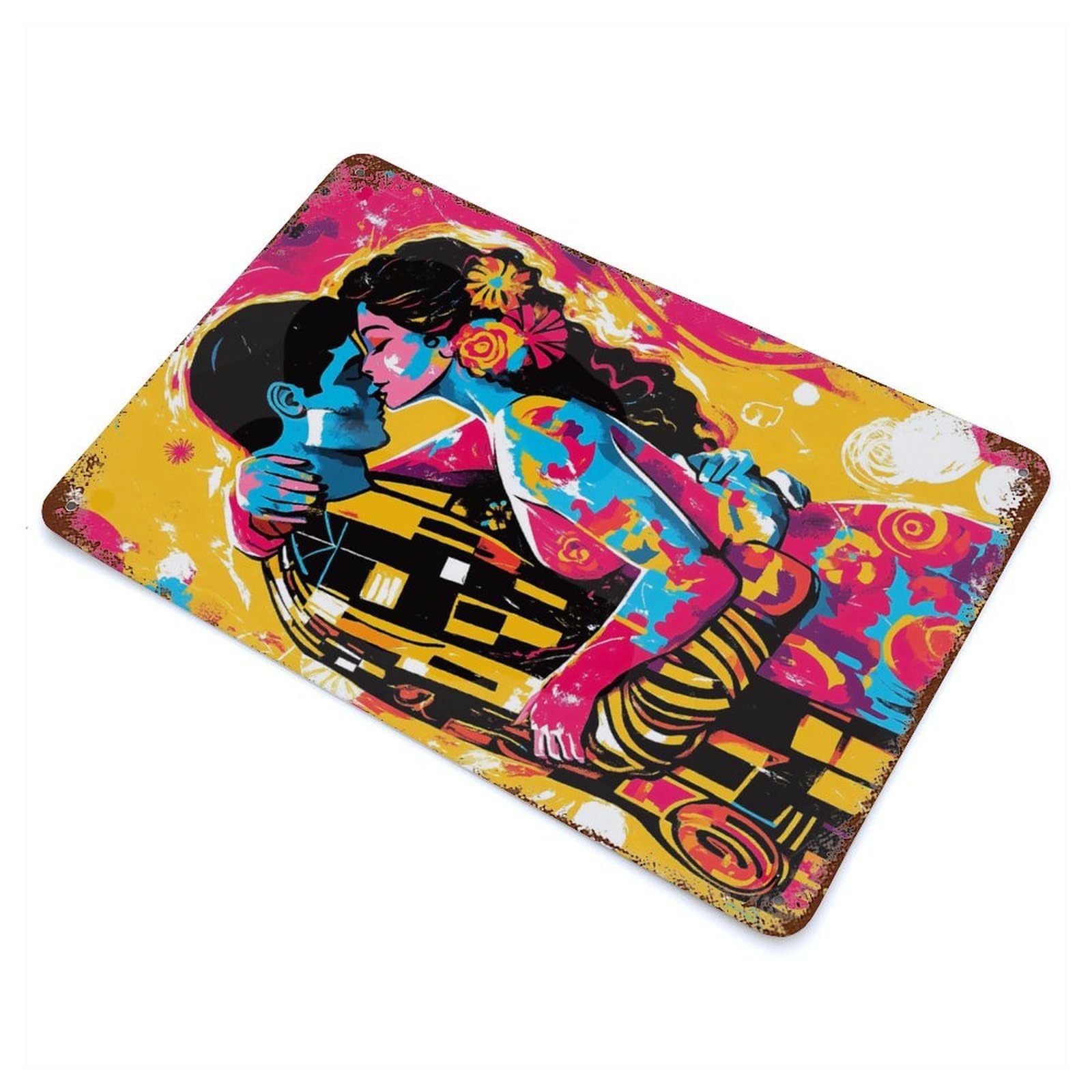Garage Style Pop Art Vision of The Kiss Weathered Tin Sign 11.8"x7.9", Classic Wall Plaque for Bar And Workshop
