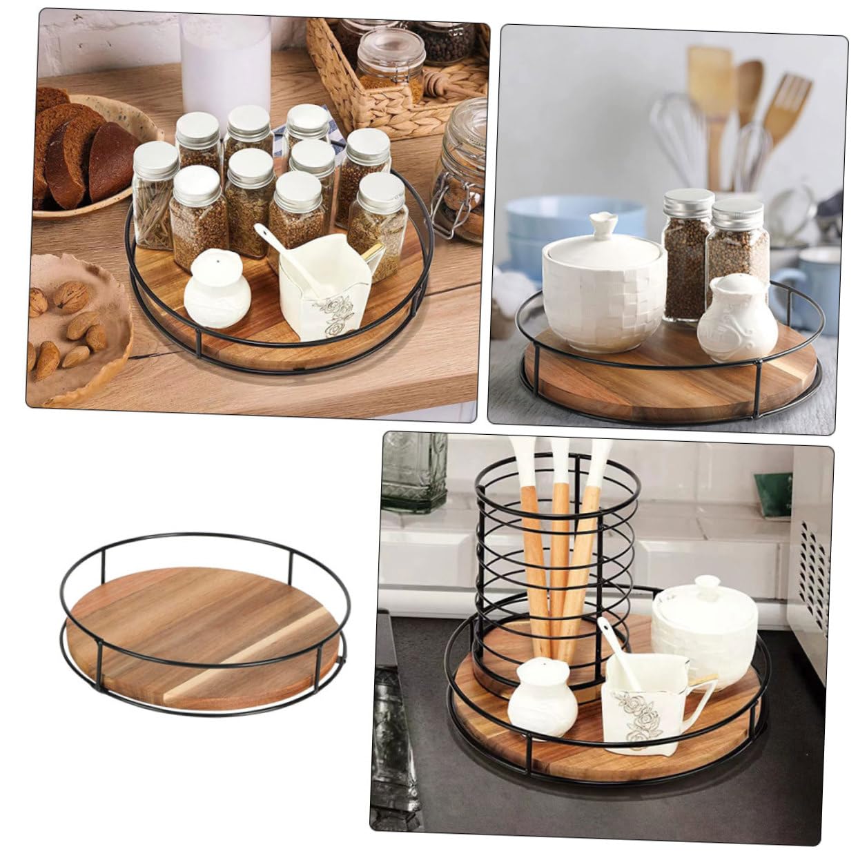 Amosfun Bandeja Organizadora Giratoria Redonda de Madera E Hierro Marrón | Cocina y Baño, Diseño Práctico Multifuncional, Fácil de Sacar Objetos, Soporte para Tarro de Especias