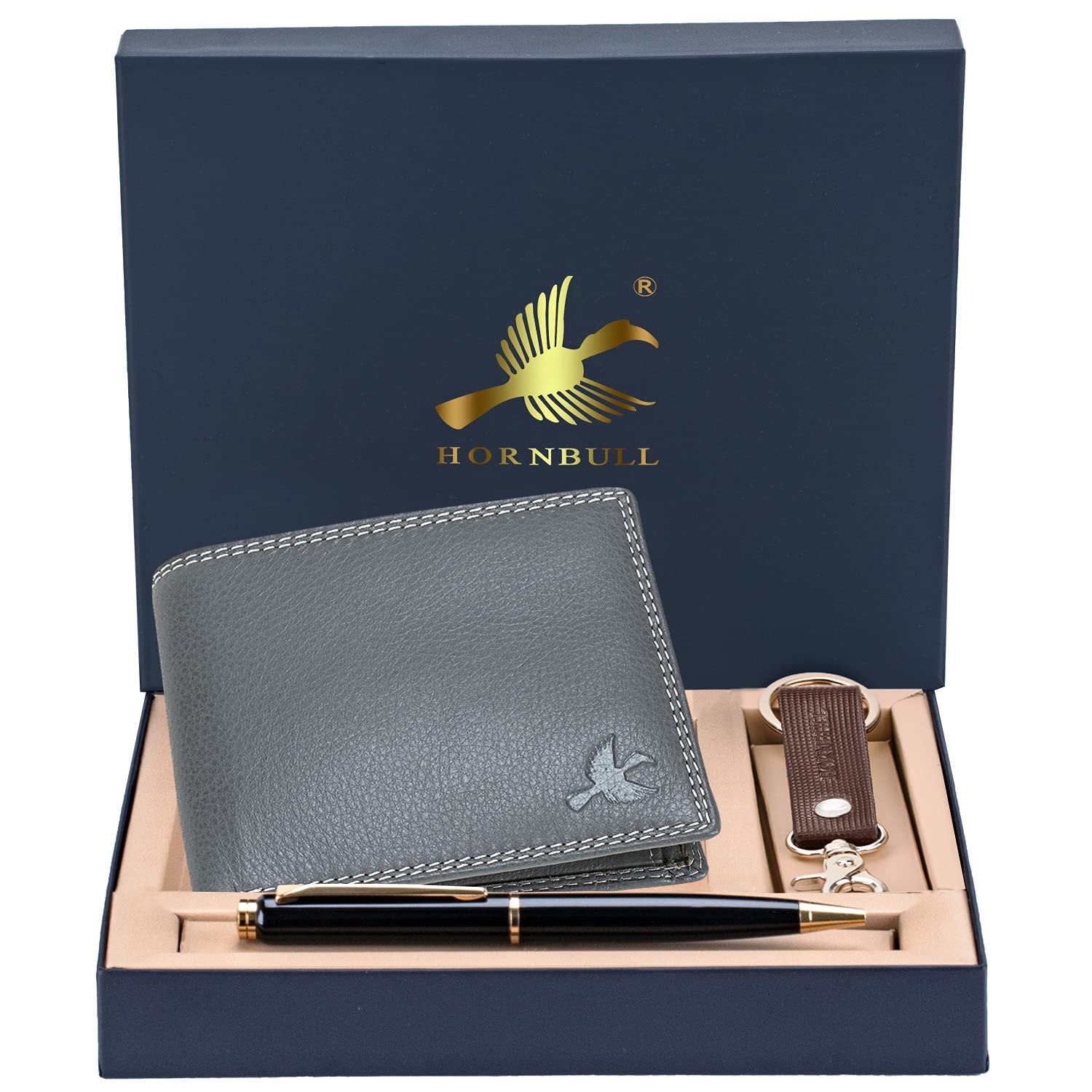 HORNBULL Stella Grey Leather Wallets for Men, Keyring & Pen Combo Gift Set for Men | Wallet Men Leather Branded