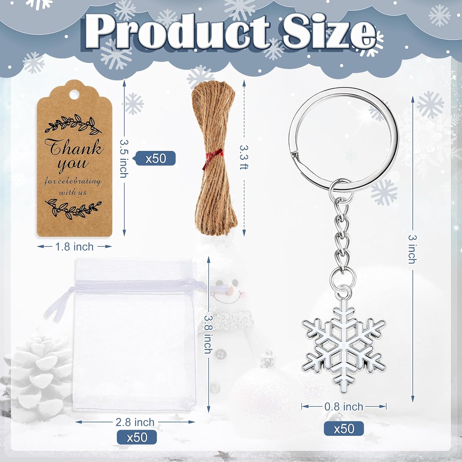 Winter Party Favors Including Snowflake Keychains Drawstring Organza Bags and Thank You Tags Snowflake Decorations