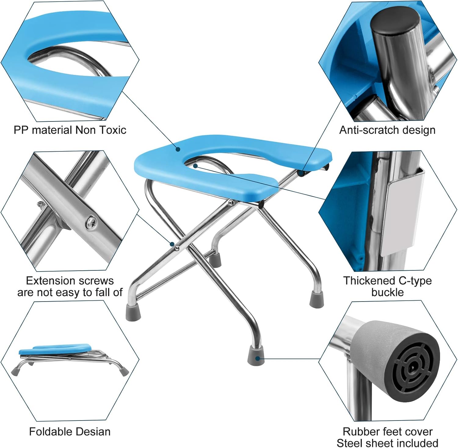 BLIKA U Shaped Portable Toilet for Camping, 400LBS XL Stainless Steel Truck Toilet, Folding Portable Potty for Adults, RoadTrip, Travel, Car