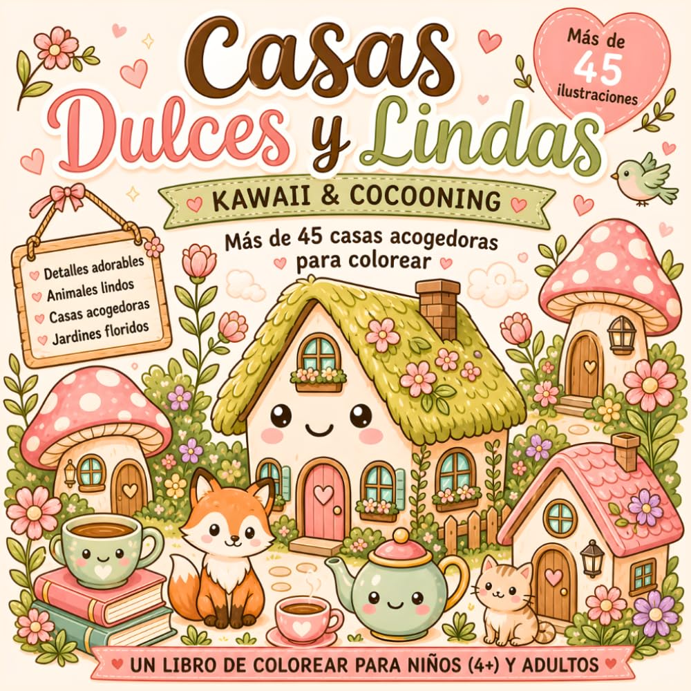 Casas Dulces y Lindas: Libro de Colorear Kawaii & Cocooning para Adultos y Niños: Más de 45 Ilustraciones de Casas Acogedoras, Animales Lindos, Flores ... Adorables para Aliviar el Estrés y Relajarse