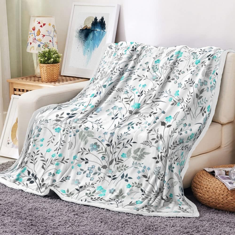 JAWO Spring Floral Throw - White and Teal Blue Watercolor Floral Blanket for Couch, Farmhouse Flowers - Soft and Warm for Women and Girls