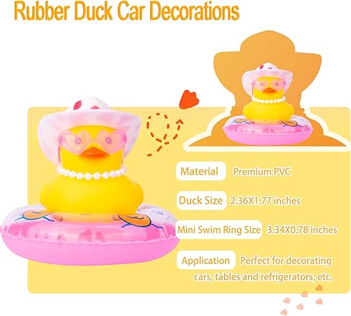 Miniatura 5 de Adornos de pato amarillo para automóvil, decoración de tablero de automóvil con gafas de amor, mini anillo de natación, sombrero de sol, collar para