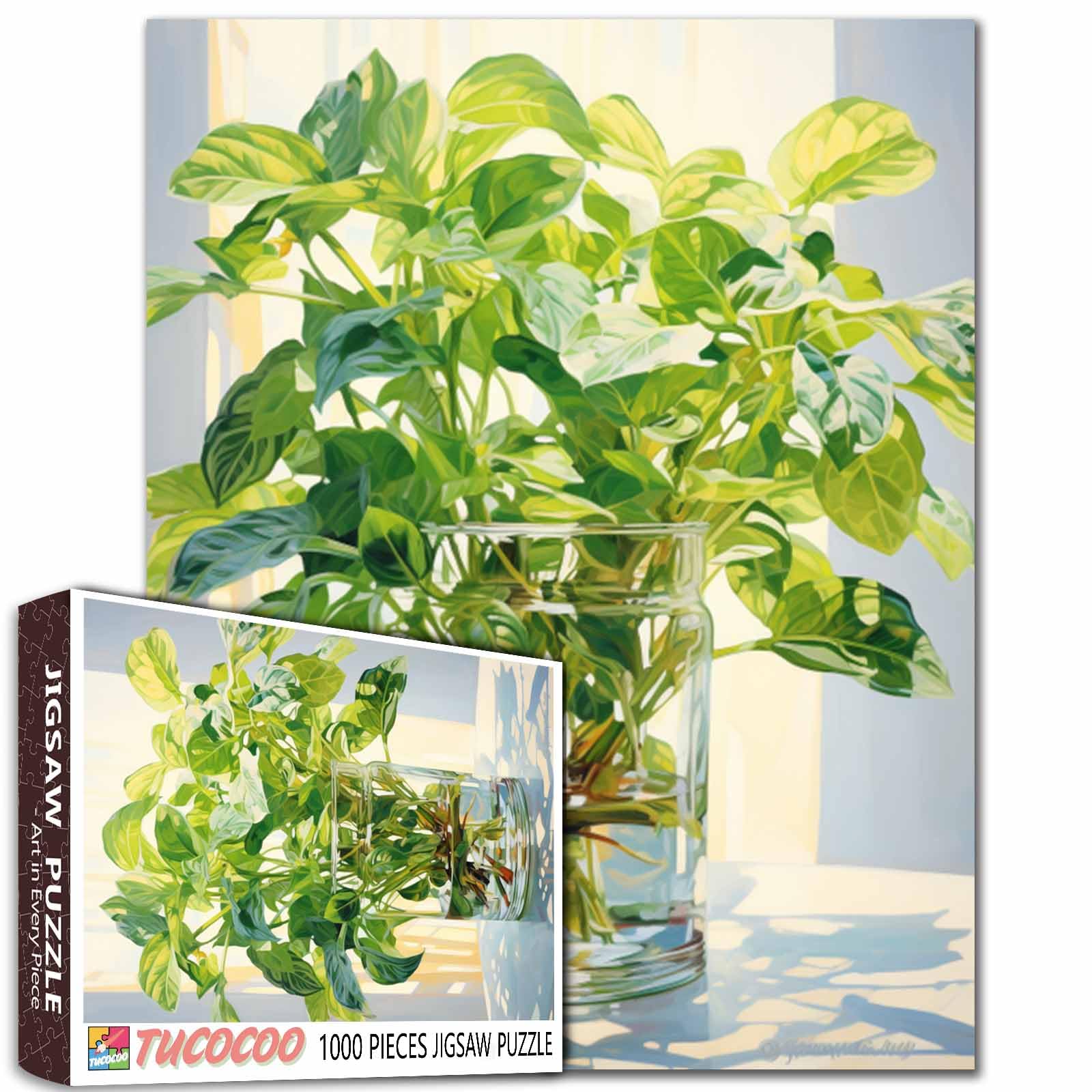 1000 Piece Jigsaw Puzzles for Adults Green Plants in Glass Vase Picture Jigsaw Puzzle Plant 1000 Pieces Puzzles Game Green Leaves Wall Decor DIY Craft Puzzle Relaxing Puzzle Art