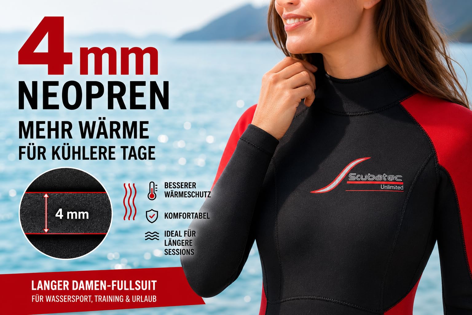 Scubatec 4mm Damen Neoprenanzug Lang – Nassanzug mit Damen-Schnitt, Rückenreißverschluss & verklebten Nähten für Tauchen, Schnorcheln, Schwimmen und SUP