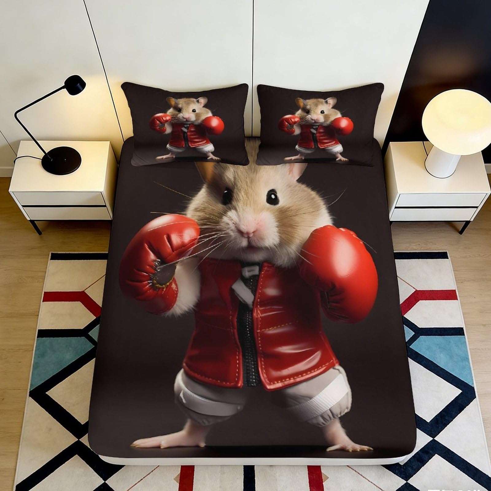 3D Printed Boxing Hamster Fitted Sheet Microfiber Deep Pocket Non-Slip Bedroom Bedding Boxing Hamster Mattress Fitted Cover Washable Full Wrap 90x200x25cm