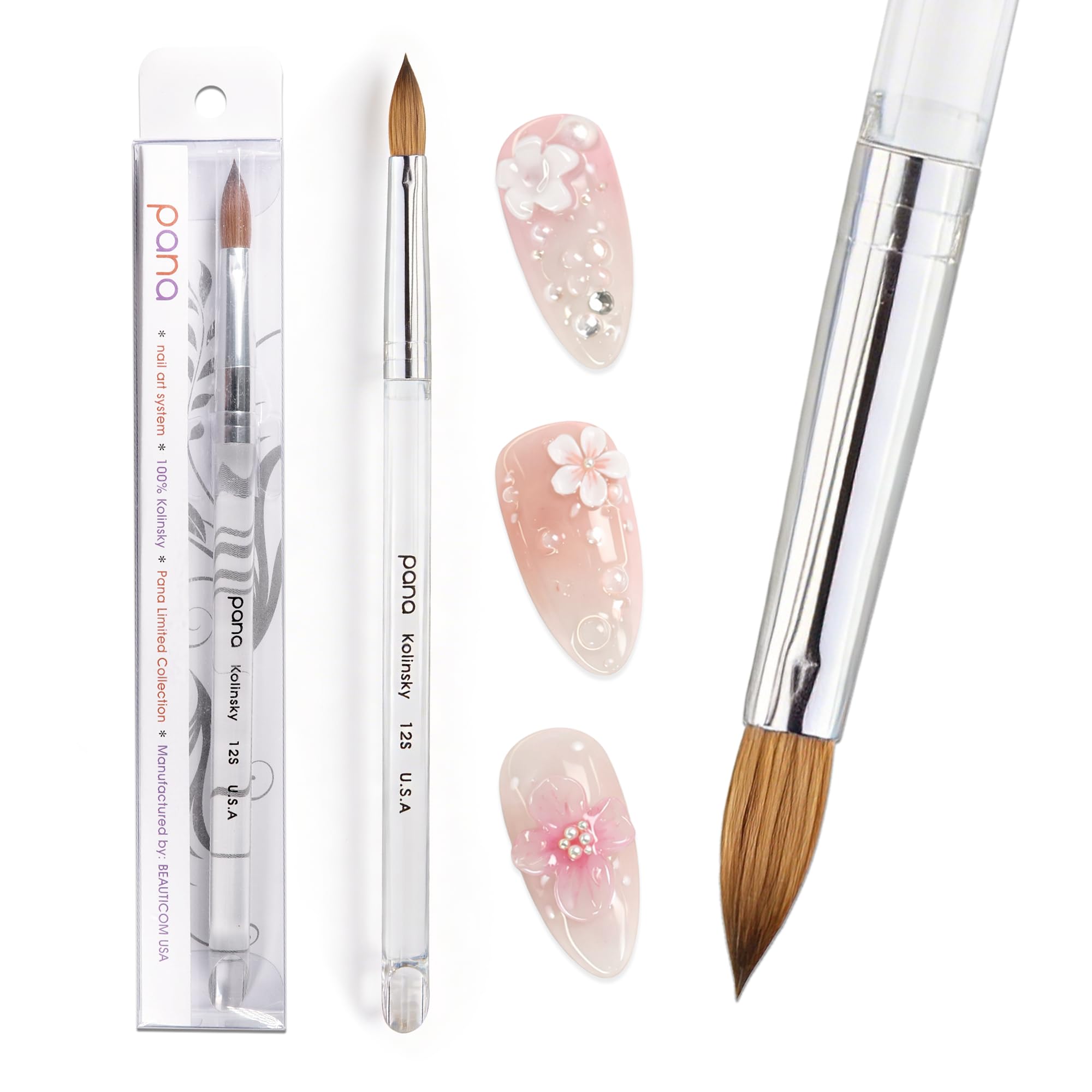 PANA Pure Kolinsky Hair Acrylic Nail Brush - Oval Crimped Shape Silver Ferrule Clear Acrylic Handle (Size 12) - Nail Extension Manicure Pedicure Salon