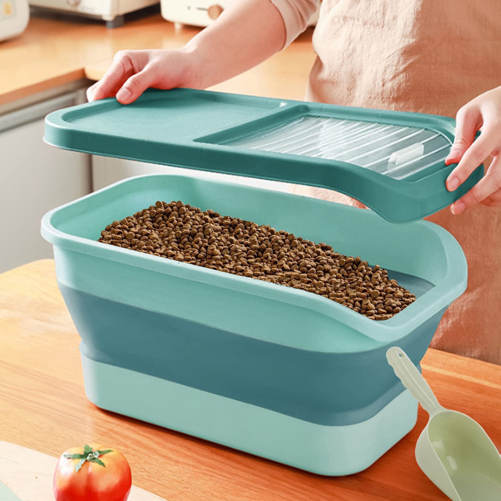 Contenedor Pienso Perro Gato Plegable Cubo Caja Almacenamiento Comida con Pala y Taza Medidora (Verde)
