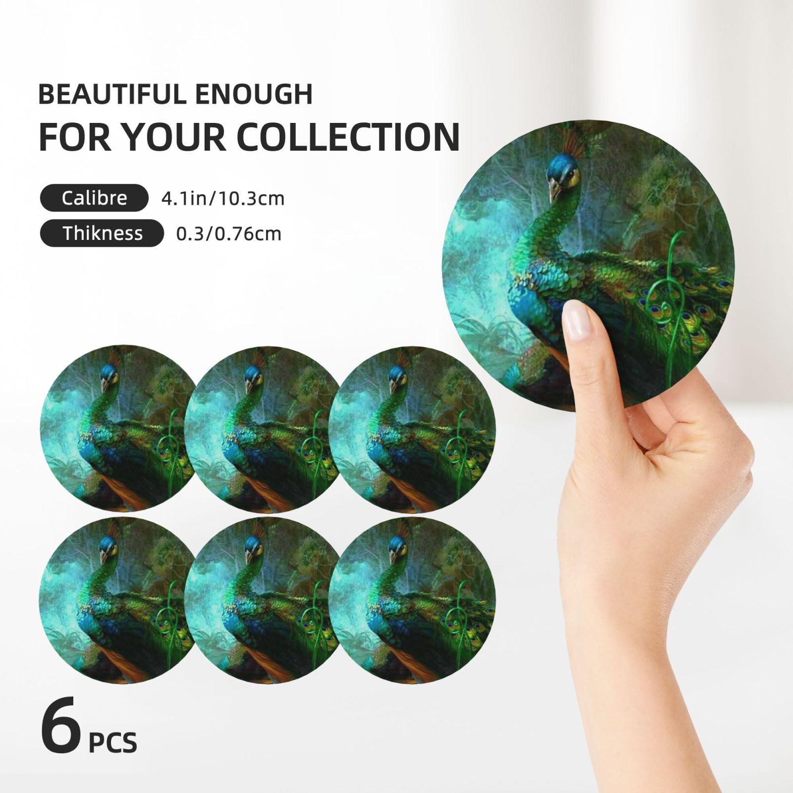 Set di 6 sottobicchieri decorativi in ceramica con stampa di pavone colorato