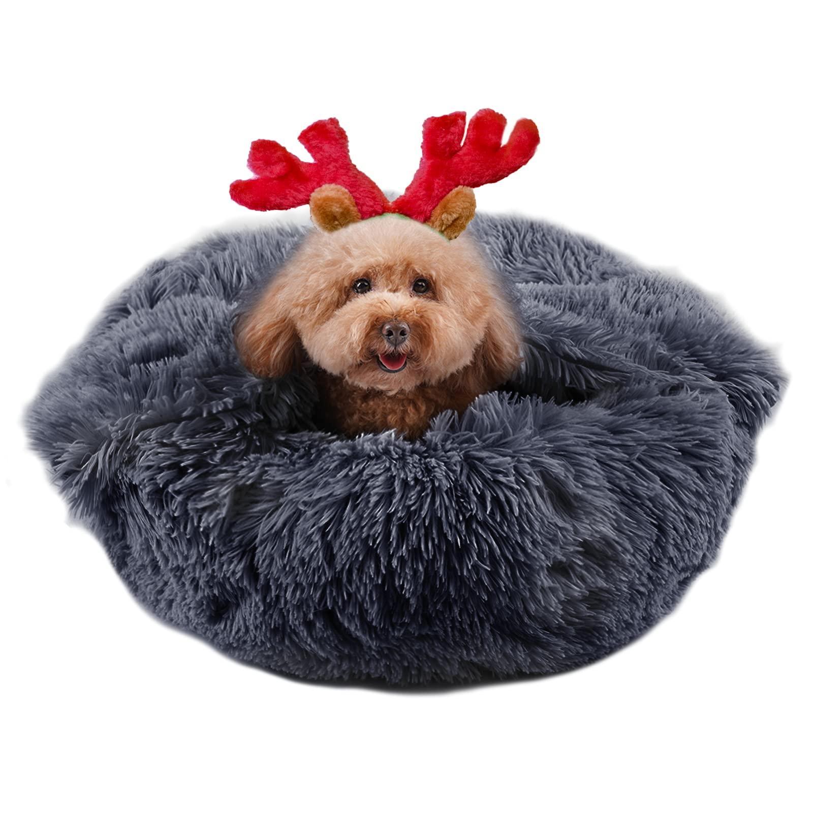 suddus Anti Anxiety Dog Bed with Blanket Attached Hooded Dogs Beds for Medium Dogs Round Soft Fluffy Donut