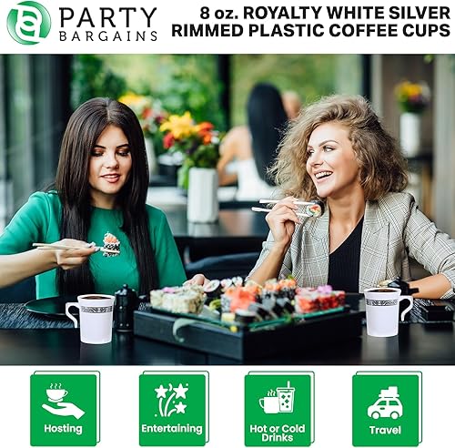 Miniatura 6 de PARTY BARGAINS Tazas de café de plástico, 8 onzas, 8 unidades, tazas de café con borde blanco y plateado con asas, reutilizables, tazas de té