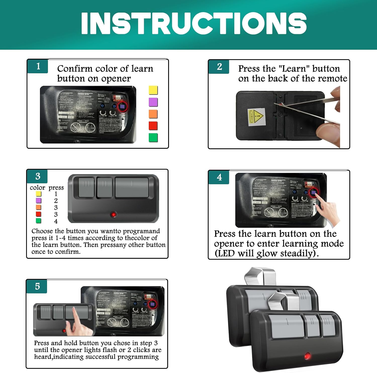Universal Garage Door Opener Remote with Visor Clip - 2 Pack, Compatible with LiftMaster/Craftsman/Chamberlain 893LM 893Max 971LM 973LM 371LM 373LM