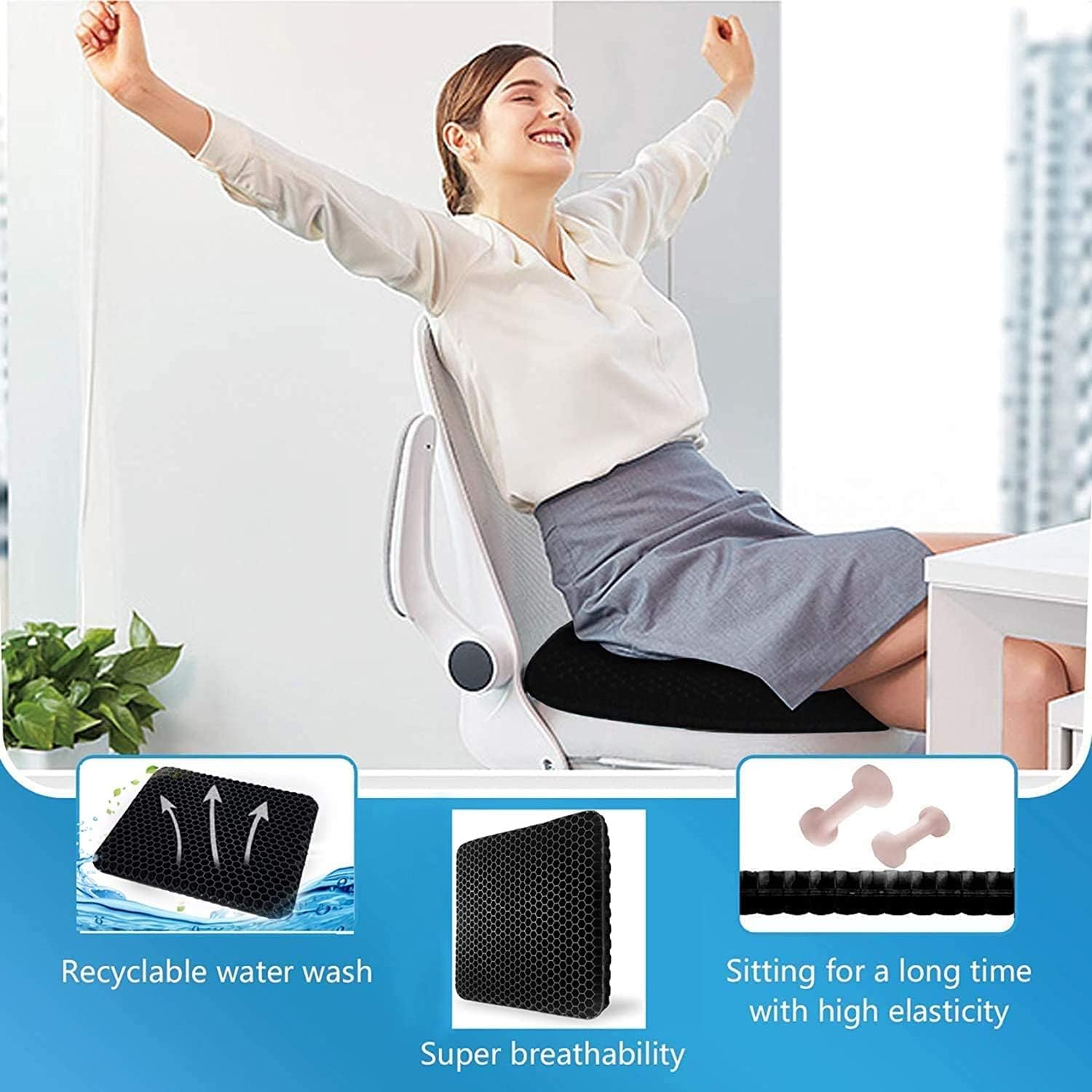 Gel Seat Cushion, for Long Sitting -Double Thick Gel Seat Cushion Breathable Honeycomb Chair Cushion with Non-Slip Cover for Office Chair Car, Wheelchair, Long Trips,Relief Sciatica Pain : Office Products