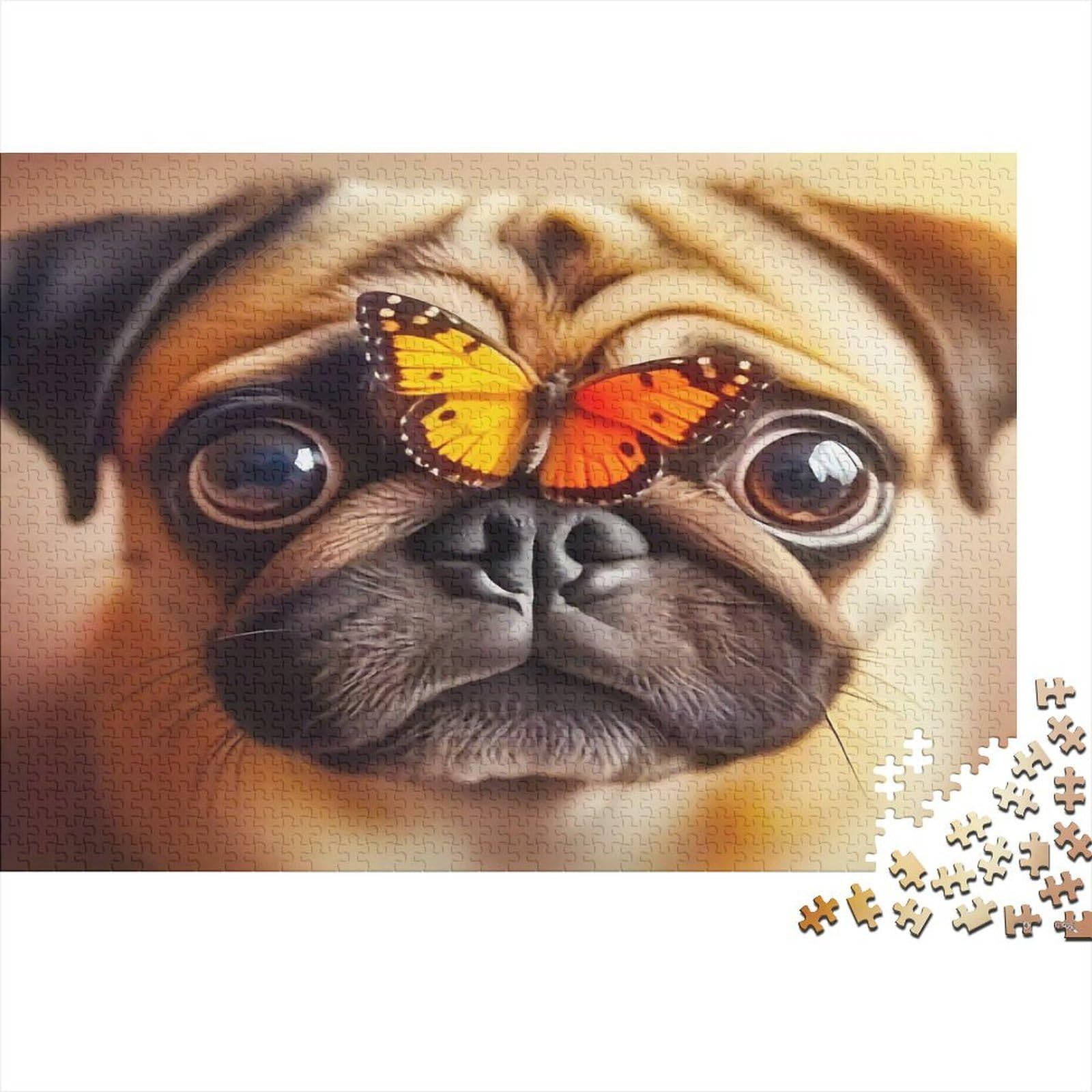 Pug Butterfly Puzzle for Adults Cute Portrait Puppy Puzzle 1000 Pieces Recycled Paper Adults Decompression Impossible Game Home Decor for Men Women 70x50cm/1000pcs