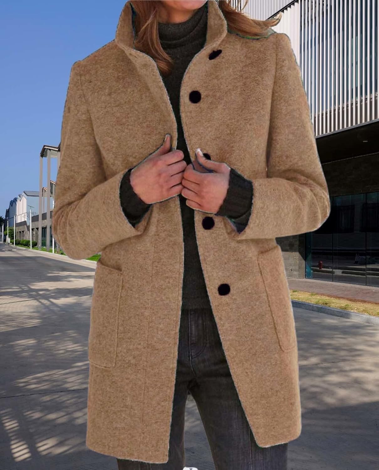 Womens Winter Long Vintage Solid Color Coat Wool Blend Standing Collar Button Thickened Jacket - Image 4