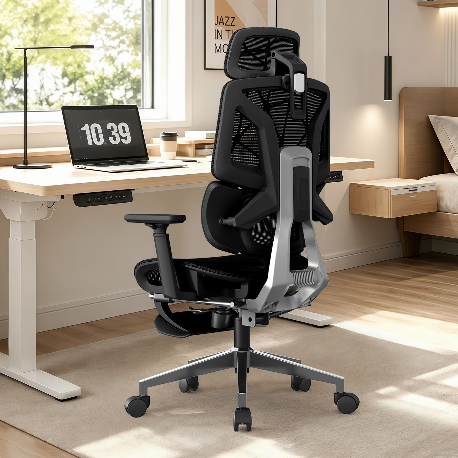 Silla Ergonómica de Oficina con Soporte Lumbar de 3 Zonas y Reposapiés, Reposabrazos Ajustables y Reposacabezas, Silla de Malla Reclinable para Oficina en Casa, Estudio y Gaming, Negro