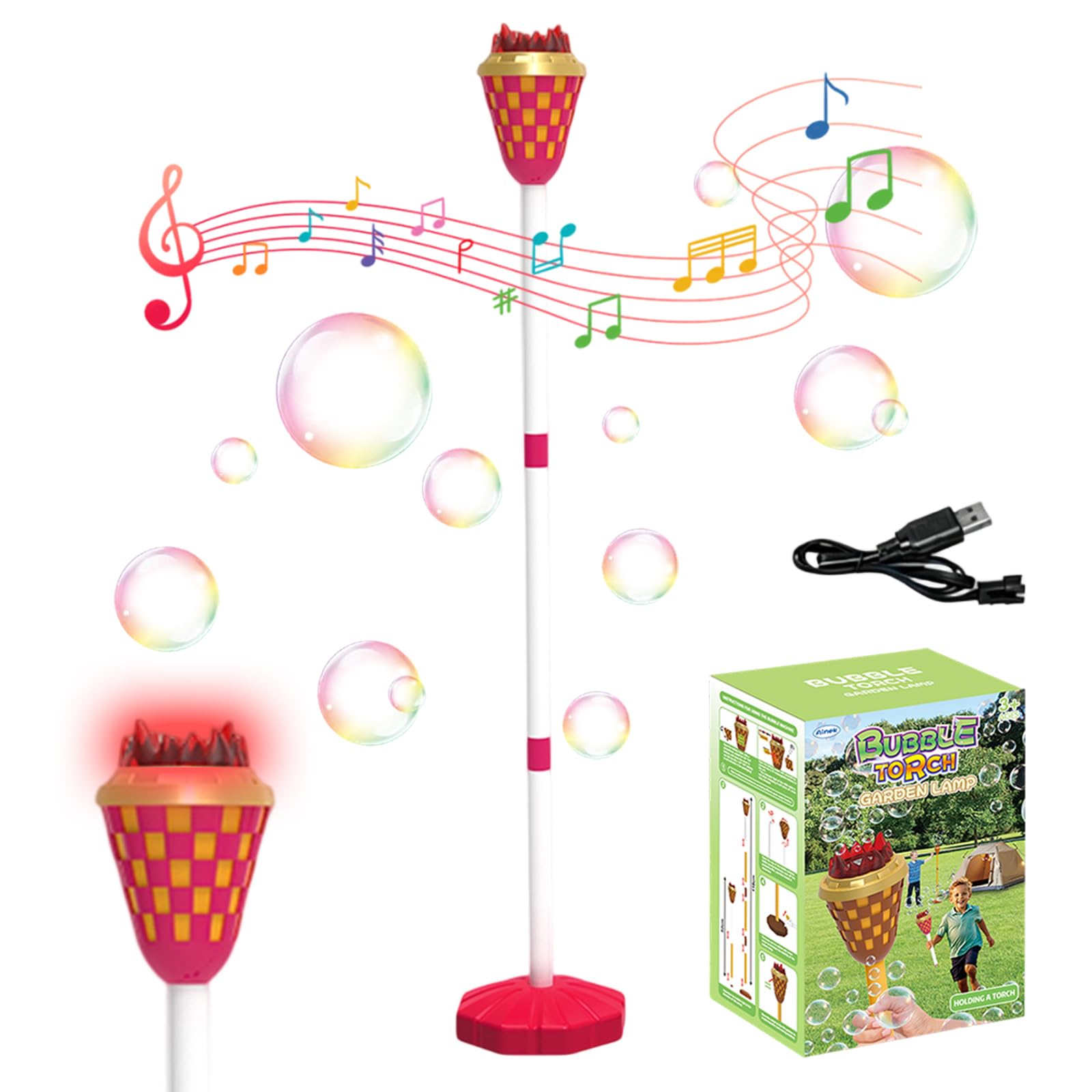 HTU Bubble Torch with Light and Music, Adjustable Height Light Up Lantern Bubbles Machine for Weddings, Party, Outdoor,for Weddings, Garden,Patio