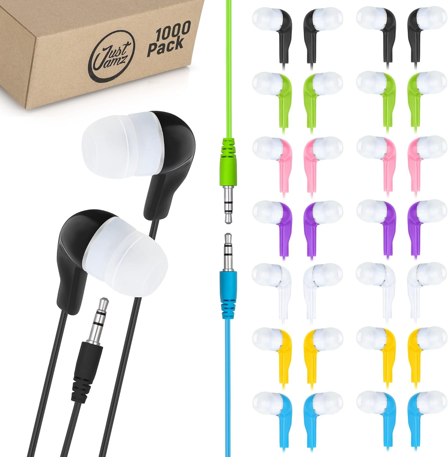 JustJamz Bulk Earbuds Jelly Roll | 1000 Pack of Colorful in-Ear Earbuds, Wired Earphones for Smartphones & Laptop, Disposable Headphones for Kids & Adults, Assorted Colors
