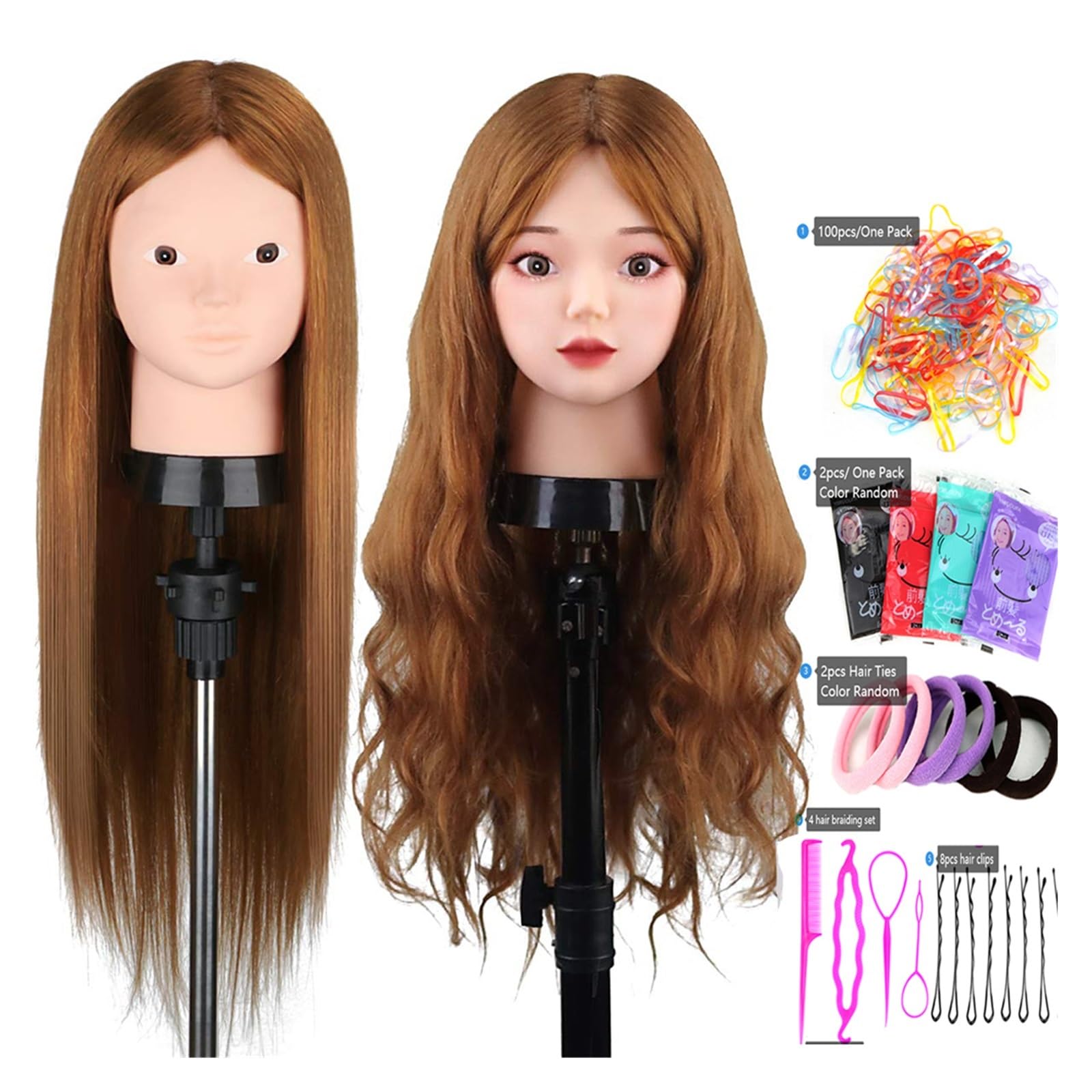 Mannequinkopf mit 85% Echthaar, 65 cm Trainingskopf für Flechten, Schneiden und Warmstyling (Light Brown)