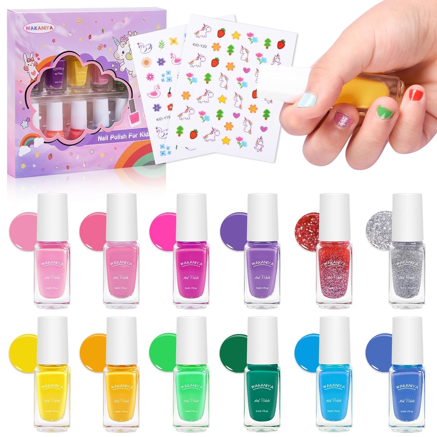 wakaniya Kids Nail Polish, 12 Rainbow Colors Peel-Off Quick Dry Nail Polish Set with Nail Art Stickers, Water-Based Non-Toxic Nail Varnish Sets for Girls Kids Toddlers